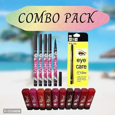 3D-Lips Matte Lipstick Pack Of 10 , Ads Yellow Kajal Pack Of 1 , 36H Black Eyeliner Pack Of 5