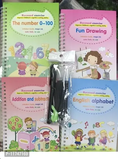 Sank Magic Practice Copybook, (4 BOOK + 10 REFILL+ 1 pen + 1 grip) Number Tracing Book for Preschoolers with Pen, Magic Calligraphy Copybook Set Practical Reusable Writing Tool Simple Hand Lettering