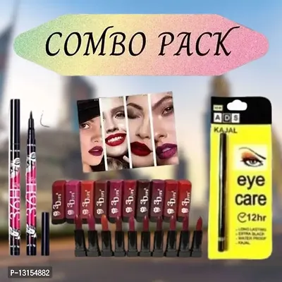 3D-Lips Matte Lipstick Pack Of 10 , Ads Yellow Kajal Pack Of 1 , 36H Black Eyeliner Pack Of 2