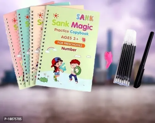 Sank Magic Practice Copybook, (4 BOOK + 10 REFILL+ 1 pen + 1 grip) Number Tracing Book for Preschoolers with Pen, Magic Calligraphy Copybook Set Practical Reusable Writing Tool Simple Hand Lettering-thumb0