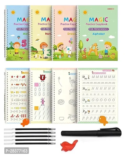 Sank Magic Practice Copybook, (4 BOOK + 10 REFILL+ 1 Pen +1 Grip) Number Tracing Book for Preschoolers with Pen, Magic Calligraphy Copybook Set Practical Reusable Writing Tool Simple Hand Lettering-thumb0