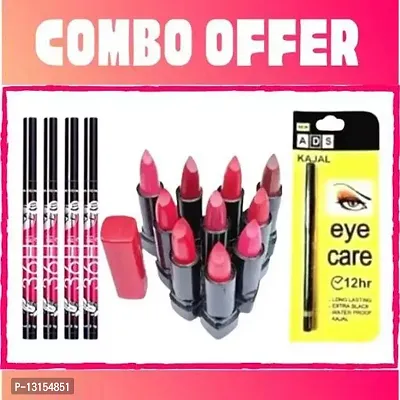 3D-Lips Matte Lipstick Pack Of 10 , Ads Yellow Kajal Pack Of 1 , 36H Black Eyeliner Pack Of 4