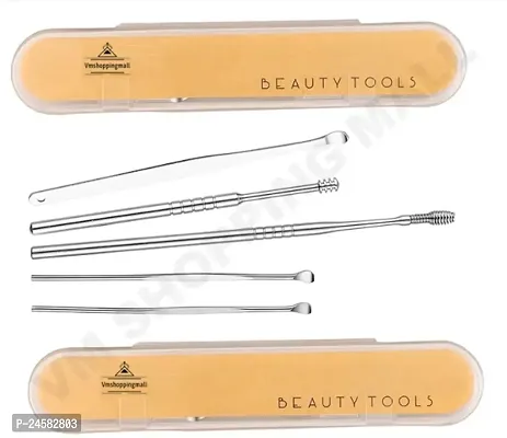 Ear Wax Removal Kit, 5 Pcs Ear Pick Earwax Cleaner, Ear Spoon Set, Reusable Ear Cleaners, Stainless Steel Ear Curette Earpicks Wax Remover with Cleaning Brush with Storage Box, Silver Pack Of 2