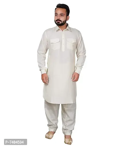Syrox Men's Cotton Pathani Salwar Suit | Traditional Kurta | Cotton Blend Material | Ethnic Wear for Men/Boys Cream-thumb0