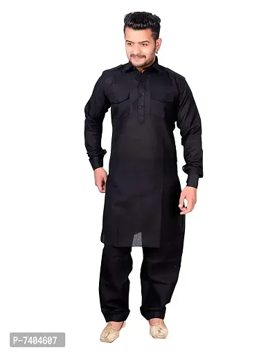 Syrox Men's Cotton Pathani Salwar Suit | Traditional Kurta | Cotton Blend Material | Ethnic Wear for Men/Boys Black-thumb0
