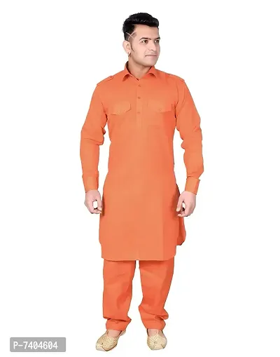 Syrox Men's Cotton Pathani Salwar Suit | Traditional Kurta | Cotton Blend Material | Ethnic Wear for Men/Boys Orange-thumb0