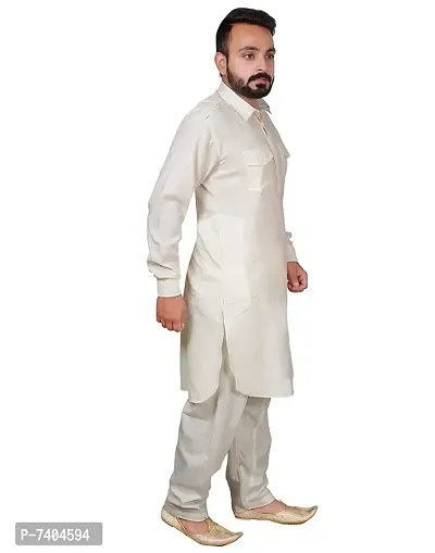 Syrox Men's Cotton Pathani Salwar Suit | Traditional Kurta | Cotton Blend Material | Ethnic Wear for Men/Boys Cream-thumb3