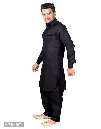 Syrox Men's Cotton Pathani Salwar Suit | Traditional Kurta | Cotton Blend Material | Ethnic Wear for Men/Boys Black-thumb2