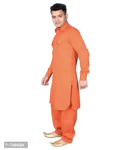 Syrox Men's Cotton Pathani Salwar Suit | Traditional Kurta | Cotton Blend Material | Ethnic Wear for Men/Boys Orange-thumb2