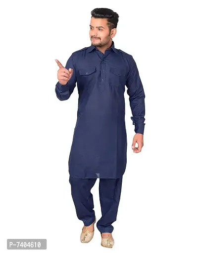 Syrox Men's Cotton Pathani Salwar Suit | Traditional Kurta | Cotton Blend Material | Ethnic Wear for Men/Boys Navy Blue-thumb0