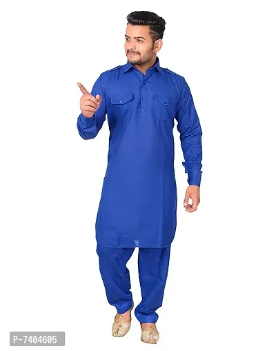 Syrox Men's Cotton Pathani Salwar Suit | Traditional Kurta | Cotton Blend Material | Ethnic Wear for Men/Boys Royal Blue-thumb0