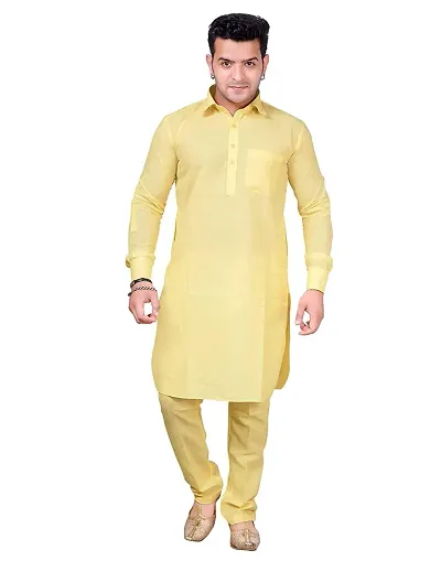 Syrox Royal and Premium Men's Pathani Kurta Salwar Suit | Cotton Blend Material | Ethnic Wear/for Men/Boys Lemon