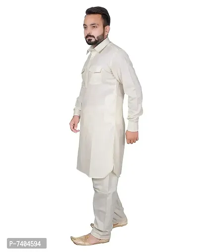 Syrox Men's Cotton Pathani Salwar Suit | Traditional Kurta | Cotton Blend Material | Ethnic Wear for Men/Boys Cream-thumb2