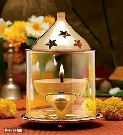 Rudram Akhand Diya Decorative Brass  Glass Oil Lamp Tea Light Holder Lantern, Cylinderical Shaped 6 inch Diya Lantern (Gold and White)