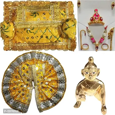 Beautifully Handcrafted Yellow Color Laddu Gopal Shringaar Set- (Laddu Gopal, Poshak/Dress, Assan, Necklace, Earrings, Basuri, Stick  Mukut)