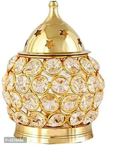 Akhand Diya Diyas Decorative Brass Crystal Oil Lamp, Tea Light Holder Lantern Oval Shape Diwali Gifts Home Decor Puja Lamp (Small)