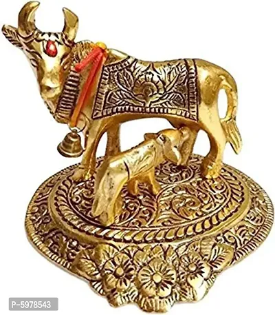 Brass Kamdhenu Cow with Calf Handicraft Decorative Showpiece Decorative Lucky Figurine Kamdhneu Cow And Calf Statue Handcrafted Sculpture, Standard, Golden