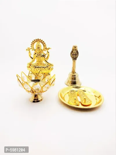 4 combo offer 1 Crystal Diya/1 bell with MAA laxmi charan plate for pooja purpose pure brass finish gold colour itmes