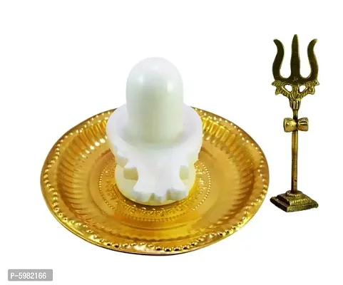 White Shiva Ling Lingam Statue Hindu Puja Brass Plate with Stand Decorative Pooja Thali Shivling White Marble Stone Trishul Set
