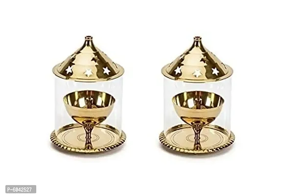 Akhand Diya with Borosilicate Glass Cover for Pooja and Diwali Set of 2 Brass (Pack of 2) Table Diya Set (Height: 4.8 inch)-thumb0