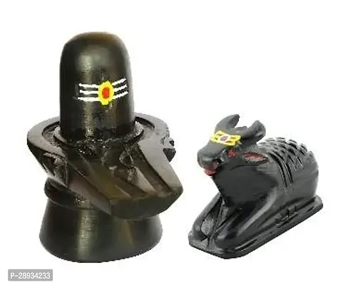 Stone Shivling  Nandi Idols Handcrafted  Hand Painted with Tilak , Black, 2 Pieces-thumb0