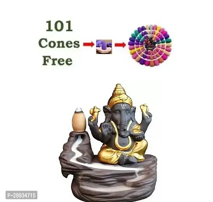 Good Luck Lord Fountain Smoke Backflow Cone Incense Holder with 101 Smoke Backflow (Golden) , Height; 12 cm-thumb0