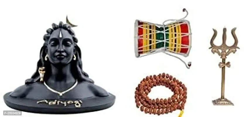 Meditating Adhiyogi Idol, Rudraksha Mala Panchmukhi Original 5 Face 108 Beads with Brass Lord Shiva Trishul and Hancrafted Wooden Shiv Damru for Mandir