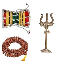 Meditating Adhiyogi Idol, Rudraksha Mala Panchmukhi Original 5 Face 108 Beads with Brass Lord Shiva Trishul and Hancrafted Wooden Shiv Damru for Mandir-thumb1