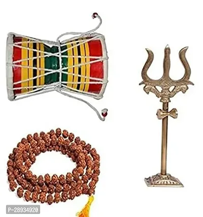 Meditating Adhiyogi Idol, Rudraksha Mala Panchmukhi Original 5 Face 108 Beads with Brass Lord Shiva Trishul and Hancrafted Wooden Shiv Damru for Mandir-thumb2