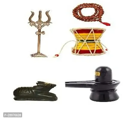 Rudraksha Mala with Brass Lord Shiva Trishul and Hancrafted Wooden Shiv Damru for Religious Purpose