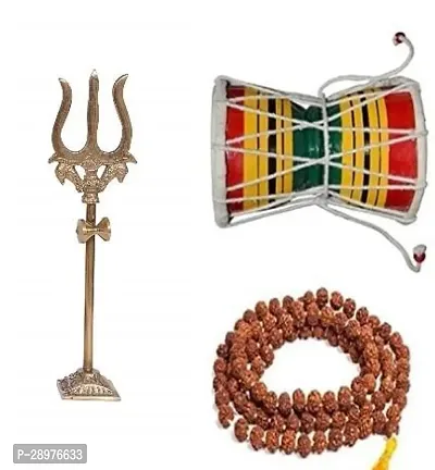 Shivratri Saawan Pooja Rudraksha Mala with Brass Lord Shiva Trishul and Handcrafted Wooden shiva  Damru  (Combo Pack of 1)-thumb0