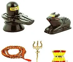 Tika Combo Pack Black Marble Stone Shivling  Nandi with Rudraksha Mala Brass Lord Shiva Trishul and Handcrafted Wooden Shiv Damru-thumb1