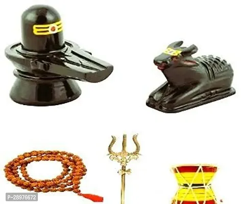 Tika Combo Pack Black Marble Stone Shivling  Nandi with Rudraksha Mala Brass Lord Shiva Trishul and Handcrafted Wooden Shiv Damru-thumb2