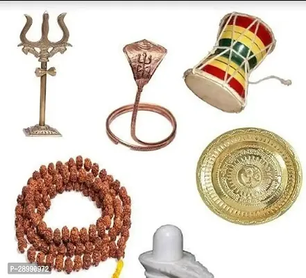 Combo of Om Brass plate (7 inch ) ,Trident Damru with Stand(10cm), Rudraksha mala (24 inch)  , copper naag and white marble shivling(5cm)