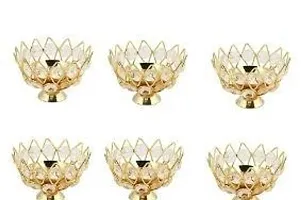 lotus diya set/Crystal Lotus Shape Golden Color Brass Diya/ akhand jyot diya (6 in set) (LBH- 10cm , 10cm, 6cm)-thumb1