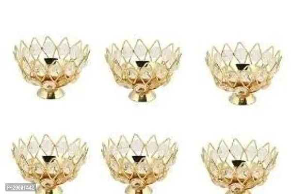 lotus diya set/Crystal Lotus Shape Golden Color Brass Diya/ akhand jyot diya (6 in set) (LBH- 10cm , 10cm, 6cm)-thumb2