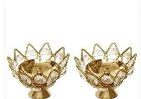 Brass Oil Diya lamp Crystal Jyoti Diya for Decor Lotus Style Crystal Lamp Set of 2 for Pooja/Traditional Rituals / Gifting..10cm ,-thumb1