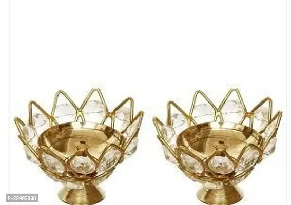 Brass Oil Diya lamp Crystal Jyoti Diya for Decor Lotus Style Crystal Lamp Set of 2 for Pooja/Traditional Rituals / Gifting..10cm ,-thumb2