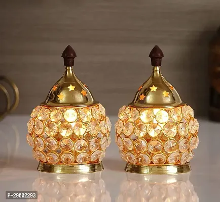 AS Ventures Set of 2 Brass Akhand Diya | Diamond Crystal Deepak/Dia | Akhand Jyot | Decorative Brass Crystal Oil Lamp | Tea Light Holder Lantern Puja Lamp Table Diya