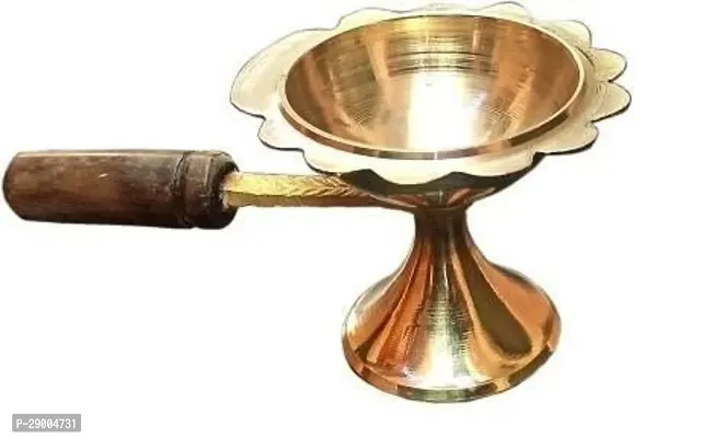 Pure Brass Dhoop Diya Medium Size 4.5 inch Dhoop Dani Kapoor Aarti Lamp/Dhoop Stand with Wooden Handle