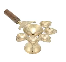 Handcrafted Wooden Handle Panchaarti Brass Diya Oil Lamp Jyoti Puja - Metal Panch Arti Diya for Diwali Pooja-thumb1