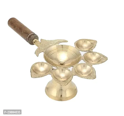 Handcrafted Wooden Handle Panchaarti Brass Diya Oil Lamp Jyoti Puja - Metal Panch Arti Diya for Diwali Pooja-thumb2