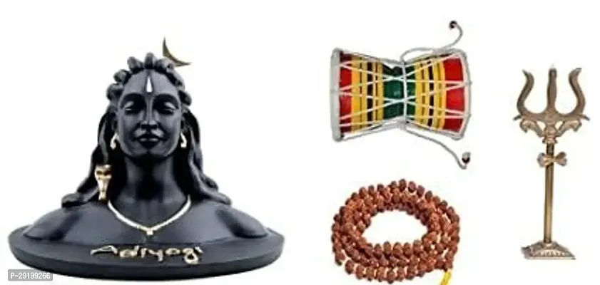 Meditating Adhiyogi Idol, Rudraksha Mala Panchmukhi Original 5 Face 108 Beads with Brass Lord Shiva Trishul and Hancrafted Wooden Shiv Damru for Temple-thumb0