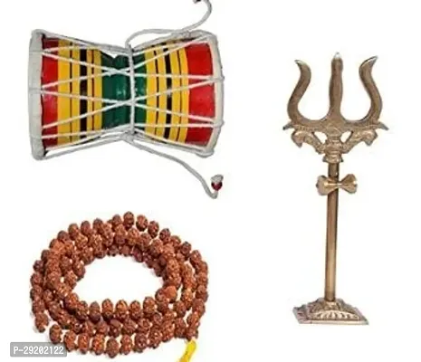 Combo Pack Lord Shiva Trishul and Hancrafted Wooden Shiv Damru and Beads Mala for Religious Purpose-thumb0