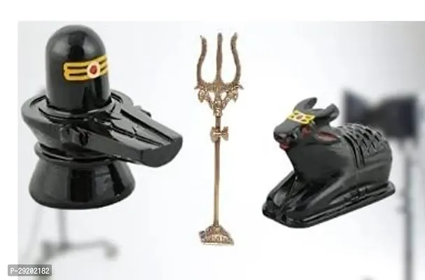 Marble Stone Shivling Nandi with Brass Shiv Trishul for Temple Decorative Showpiece-thumb0