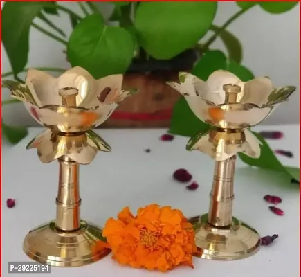 Kamal Stand Diya Lotus Akhand Designer Deepak Puja Diya Table Diya Pack of 2 for Home Brass Table Diya ( 6 X 5 X 10 )-thumb0