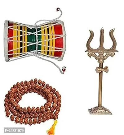 Shivratri Saawan Pooja Rudraksha Mala with Brass Lord Shiva Trishul and Handcrafted Wooden Shiv/ shiva Damru (Combo Pack of 1)-thumb0