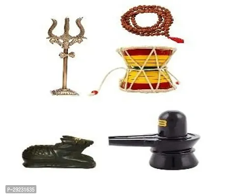 Rudraksha Mala with Brass Lord Shiva Trishul and Hancrafted Wooden Shiv Damru for Religious Purpose Shivling  Nandi Idols Handcrafted  Hand Painted