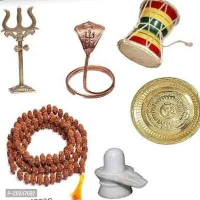 Combo of Om Brass plate (7 inch ) ,Trident Damru with Stand(10cm), Rudraksha mala (24 inch)  , copper naag and white marble shivling(5cm)-thumb0