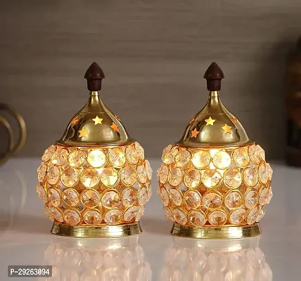 Gold-Toned  Transparent Crystal  Brass Akhand Diya 2 PC-thumb0